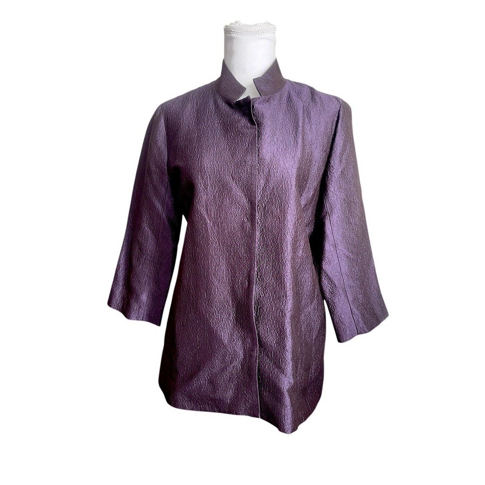 NWT Eileen Fisher Purple Silk Crinkled Mandarin Collar Snap Front Jacket Mature‎